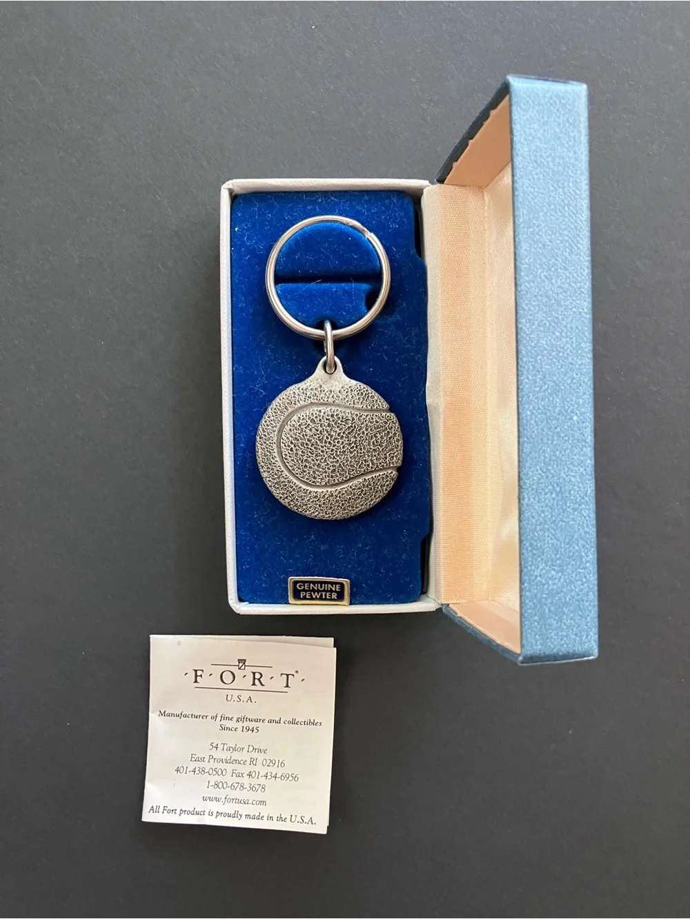 Fort USA Pewter Tennis Ball  Key Ring Chain New in Box w Pamphelt